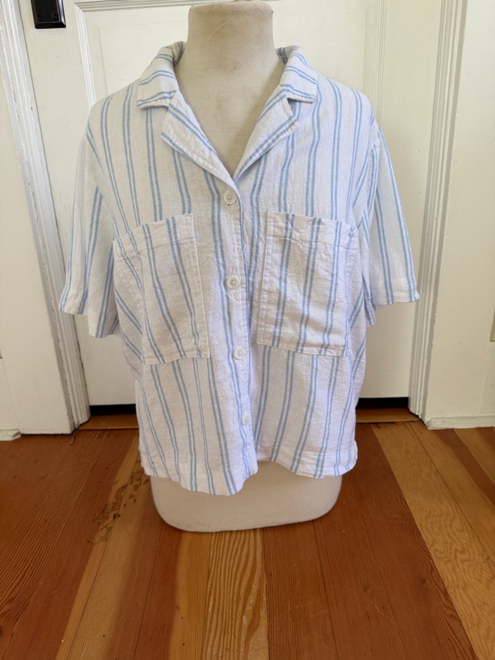 BUFFALO David Bitton White Blue Striped Linen Blend Button Down Shirt Large - Picture 2 of 6